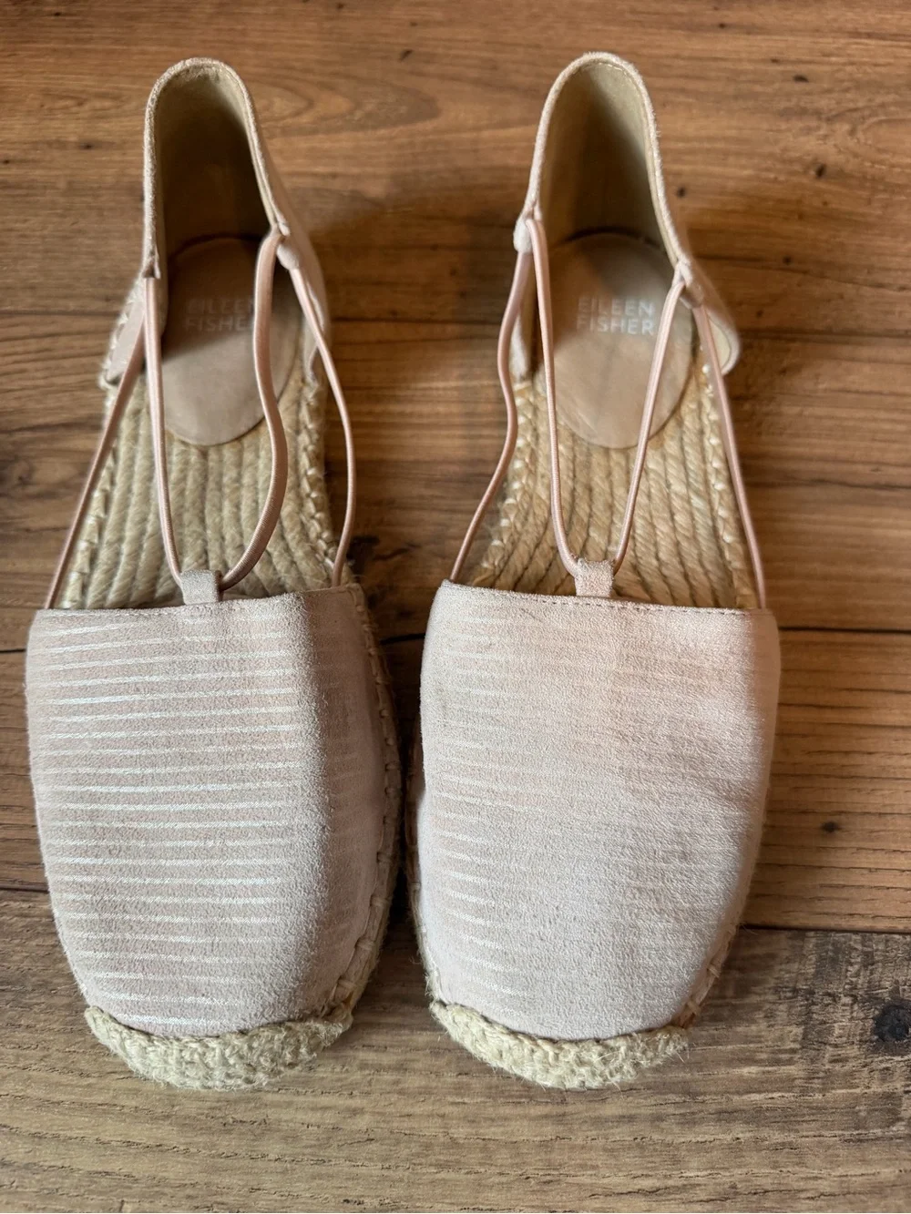 Eileen Fisher Blush Nude Suede Metallic stripe Espadrille Flats 7 strappy ballet
